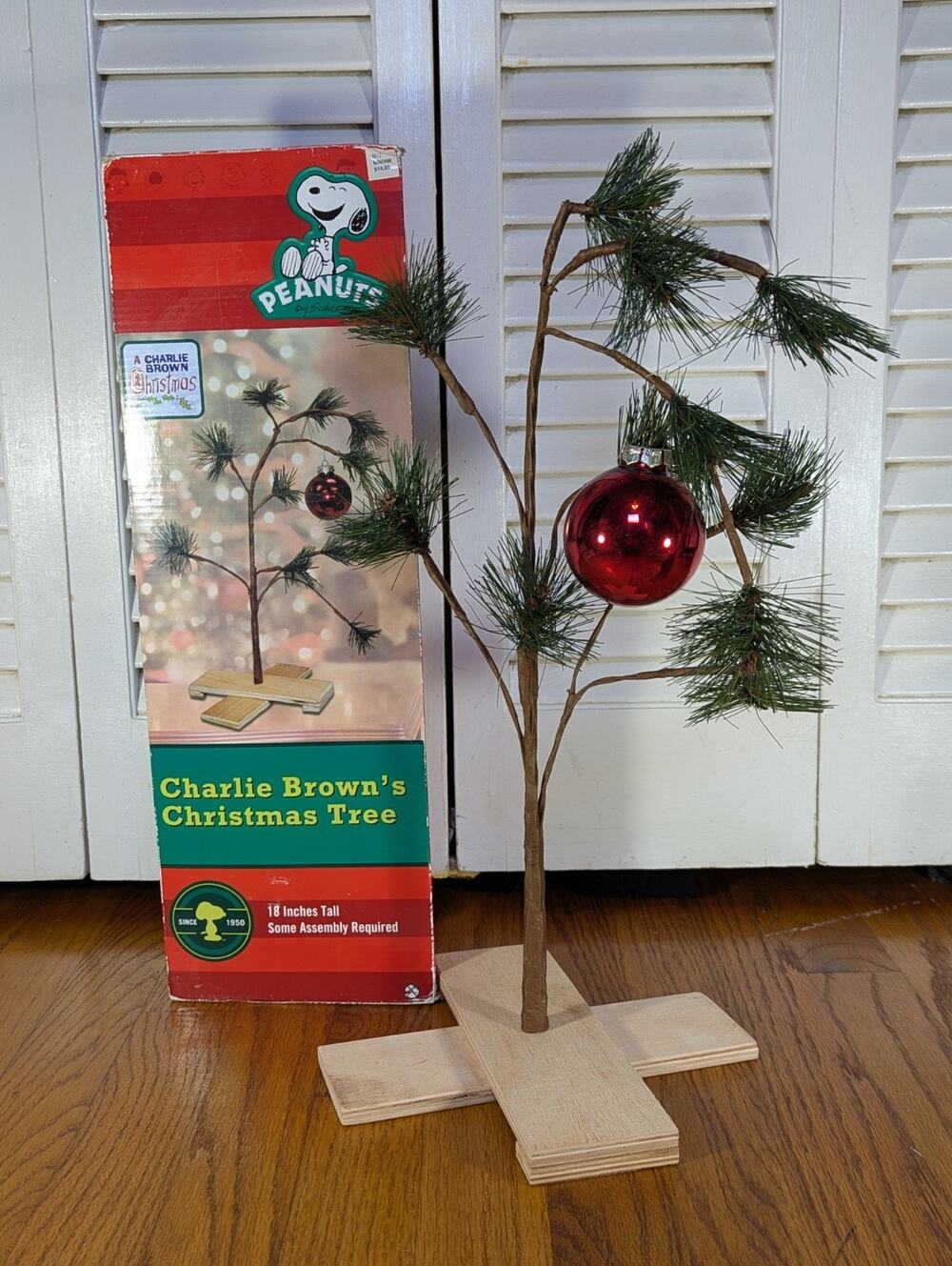 Charlie Brown Christmas Tree 18” Peanuts Holiday Decor Red Ornament Wood Base